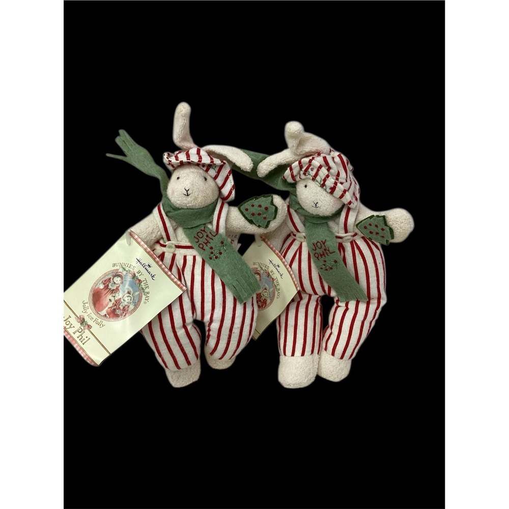 Vtg (2) Hallmark Bunnies By the Bay Joy Phil Plush Doll 9" White Rabbits Stripes